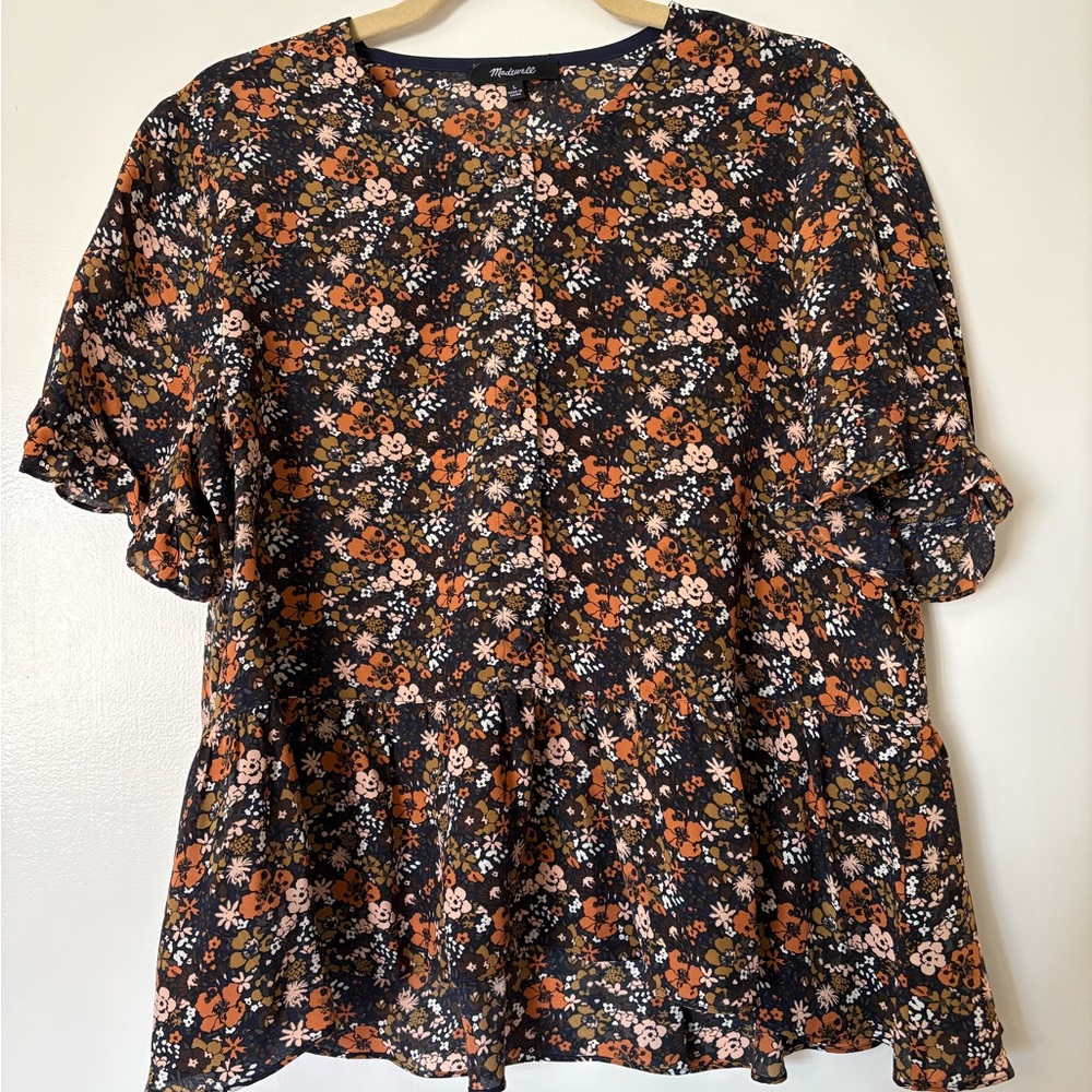 Madewell Dark Navy Blue Button Front Peplum Blouse